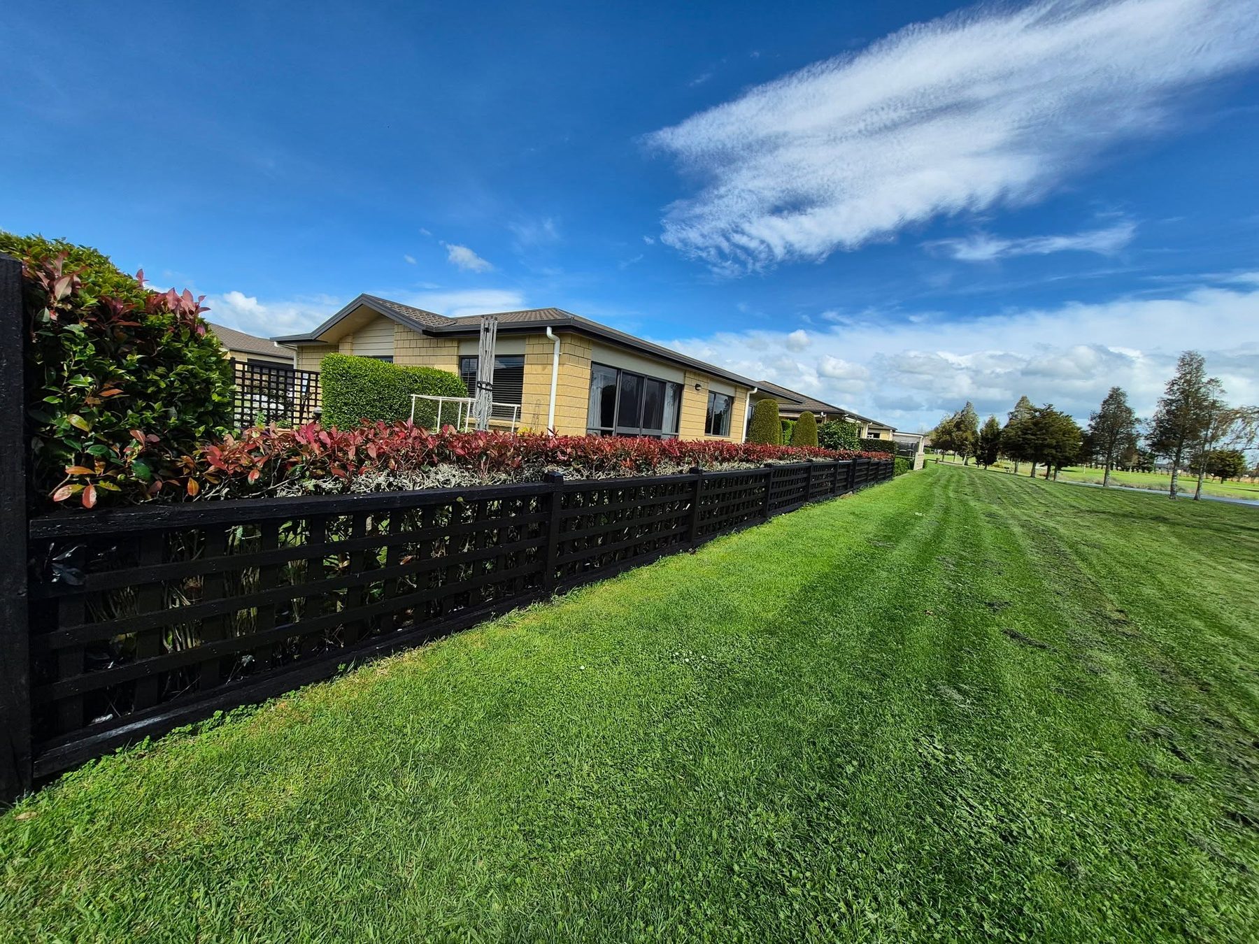 A freshly painted home behind a crisp black slat fence and manicured hedge in Matamata